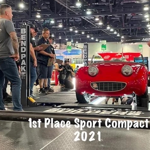 Sprite wins SEMA, 1961 Austin Healey Sprite, on stage at sema